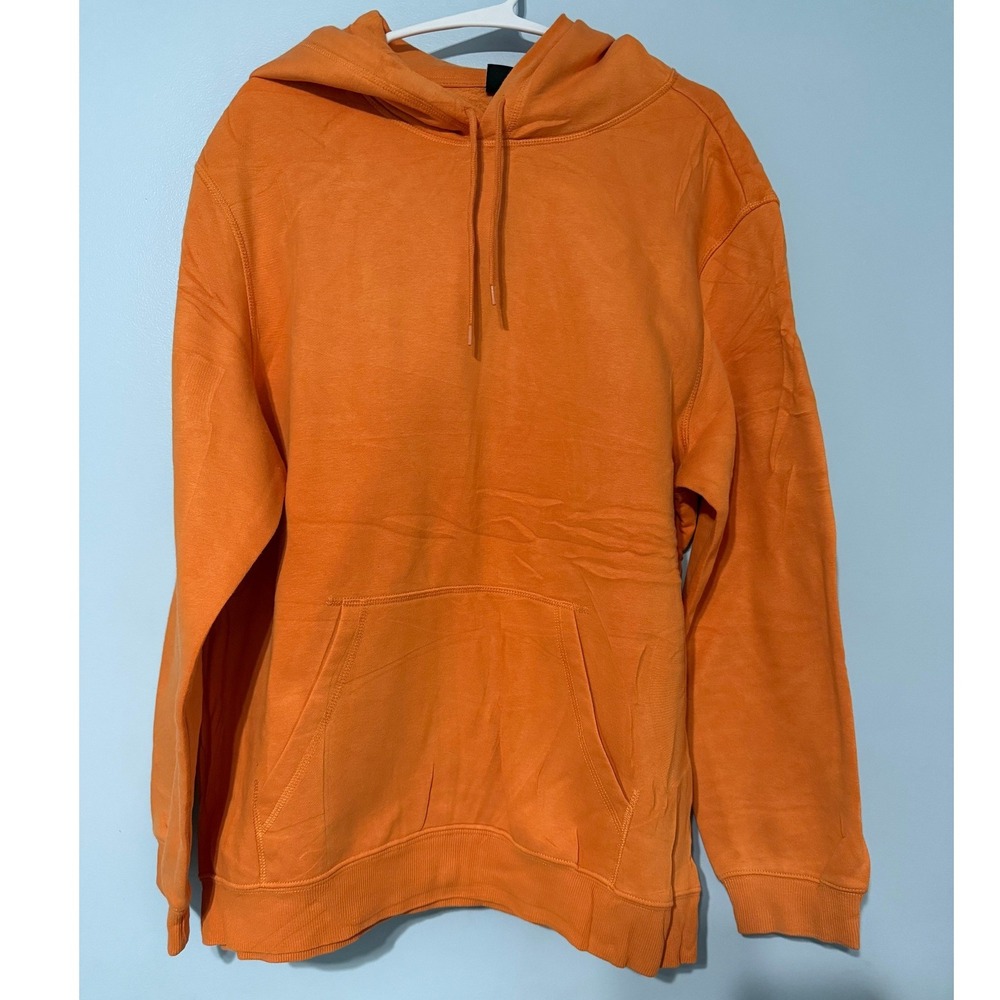 H&M Relaxed Fit Hoodie Men's L Orange Solid Fleece Pullover Sweatshirt 0952